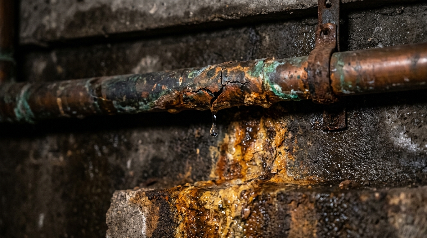 Corroded Leaking Foundation Pipe Before Replacement